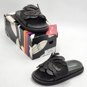 Farm Rio Monstera Leaf Anatomic Slide Sandals Black Size 7 NWT